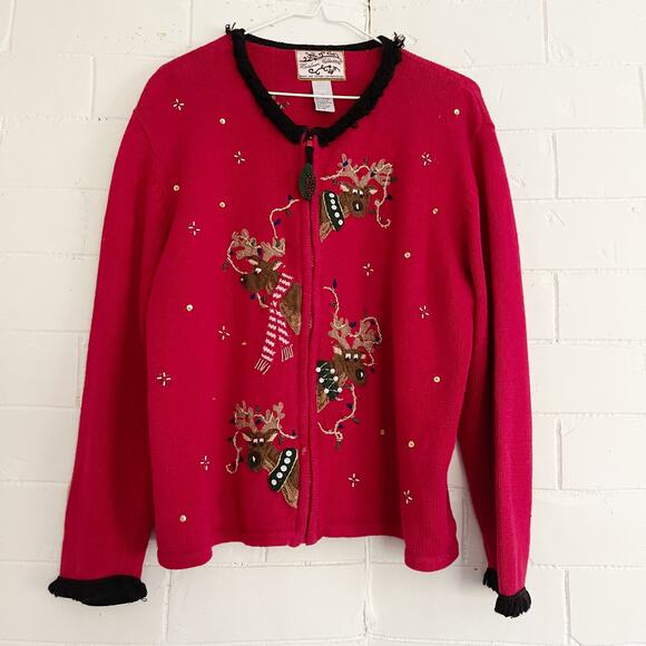 VINTAGE Red Ugly Christmas Sweater Zip Up Reindeer Large L - Picture 1 of 9